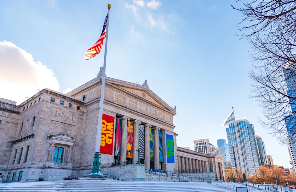 View of Main entrance of Field Natural History Museum in Chicago. during the day in winter.