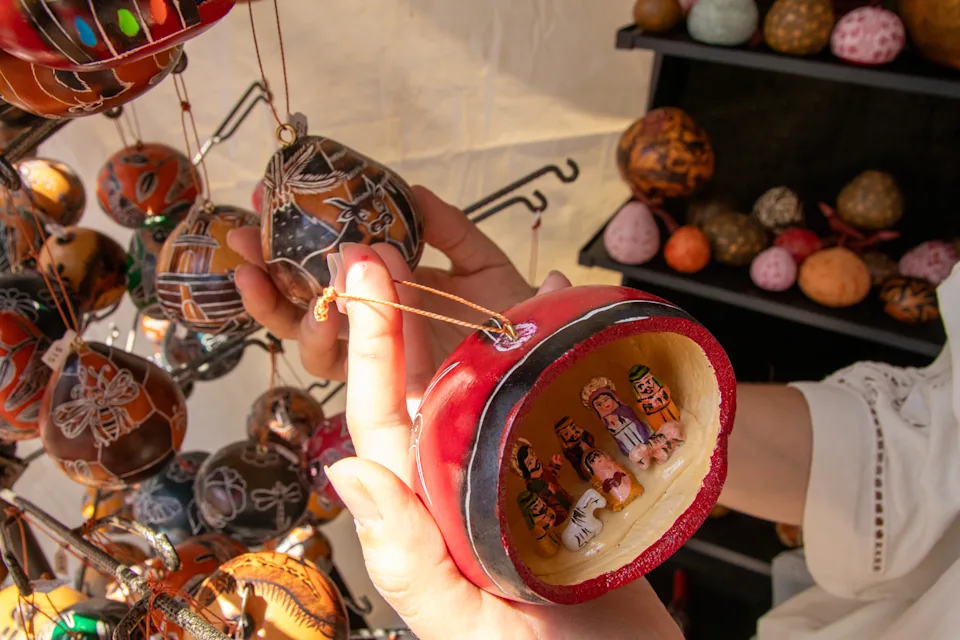Handmade Christmas ornaments crafted from gourds 