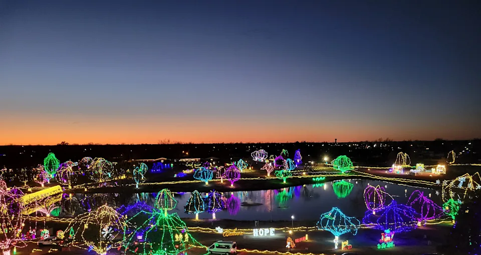 Thousands of holiday lights illuminate the 2023 Chickasha Festival of Light at Shannon Springs Park in Chickasha, Oklahoma.