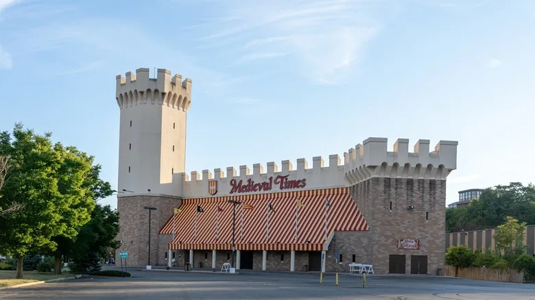 The outside of Medieval Times Castle on a clear day