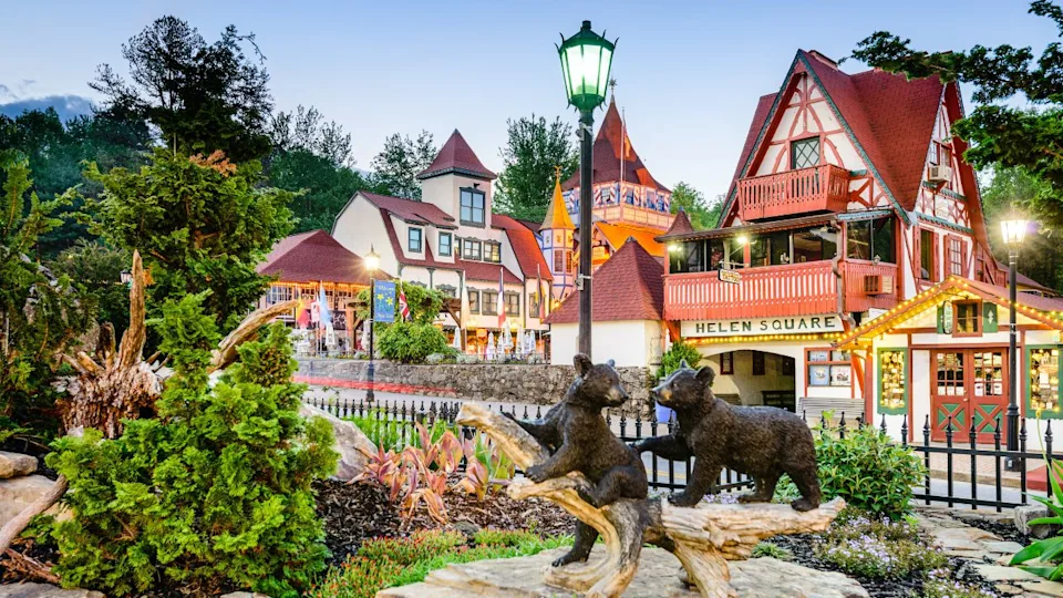 HELEN, GEORGIA - MAY 7, 2013: Helen Square in North Georgia. The architectural theme of the city is inspired by the Bavarian Alps.