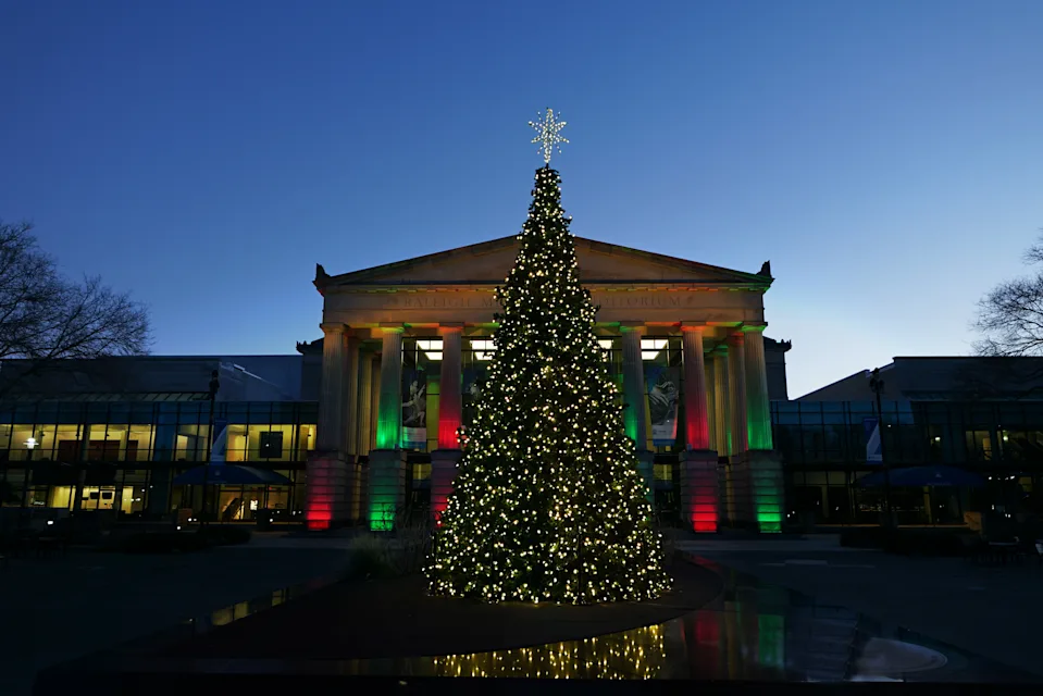 Raleigh; NC - USA - 1-2-2024:; The Martin Marietta Center for the Performing Arts; aka Memorial Auditorium;  in downtown Raleigh with Christmas tree and holdiday colors