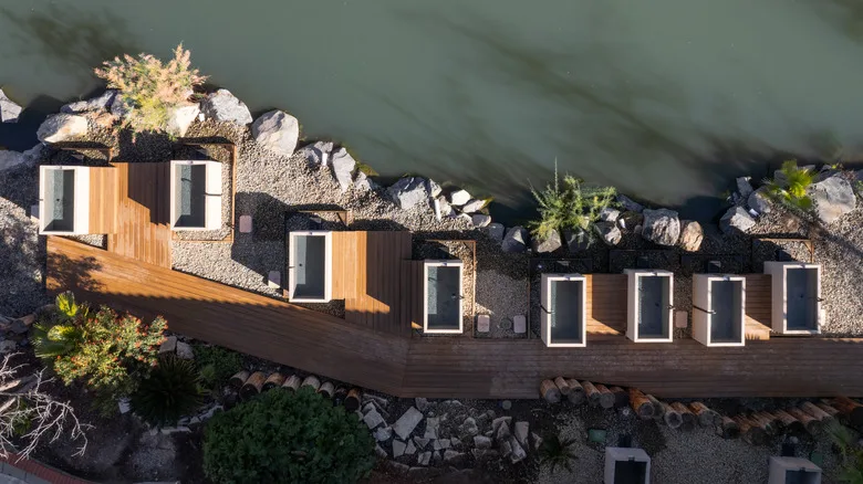 Aerial view of individual plunge pools near a spring at Murrieta Hot Springs Resort