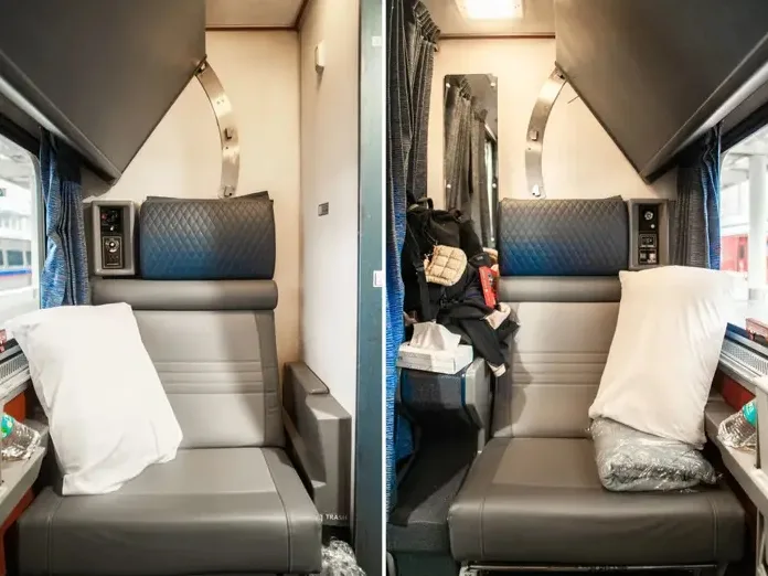 Two padded seats inside an Amtrak roomette shown in a side-by-side comparison.