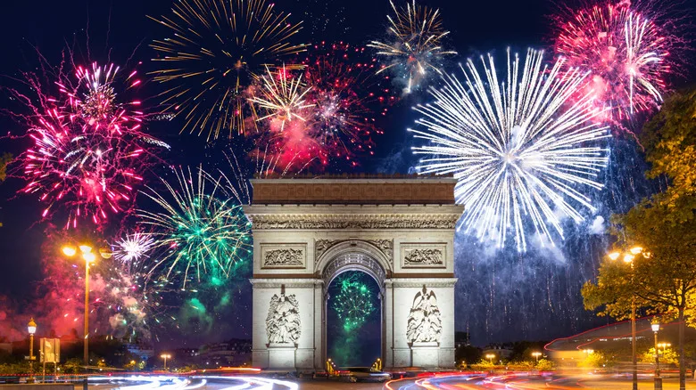 Fireworks over the Arc de Triomphe in Paris, France