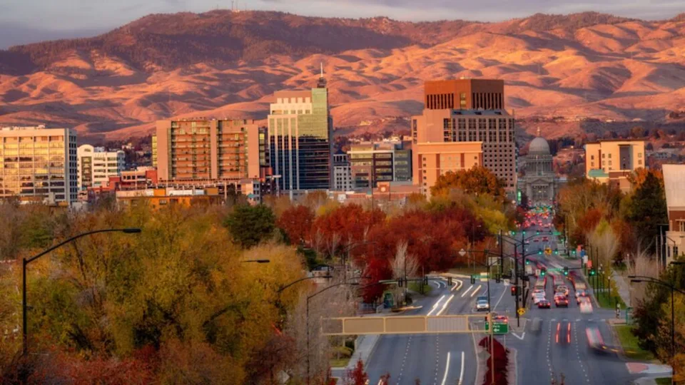 sunset over boise idaho city in autumn