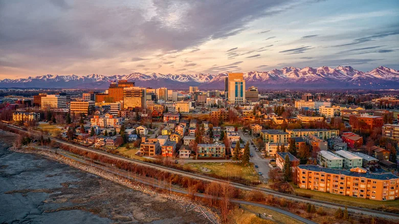 Aerial photo of Anchorage Alaska showing city and mountains in the background