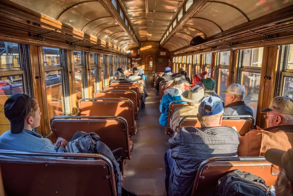 Durango, Colorado, USA - October 15, 2018 : Tourists inside the historic steam engine train from Durango to Silverton in Colorado.