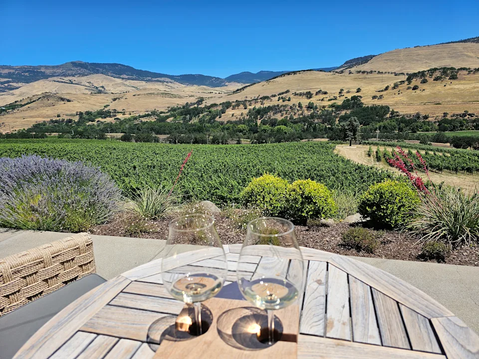 Two glasses with white wine sit on a table with views of golden hills