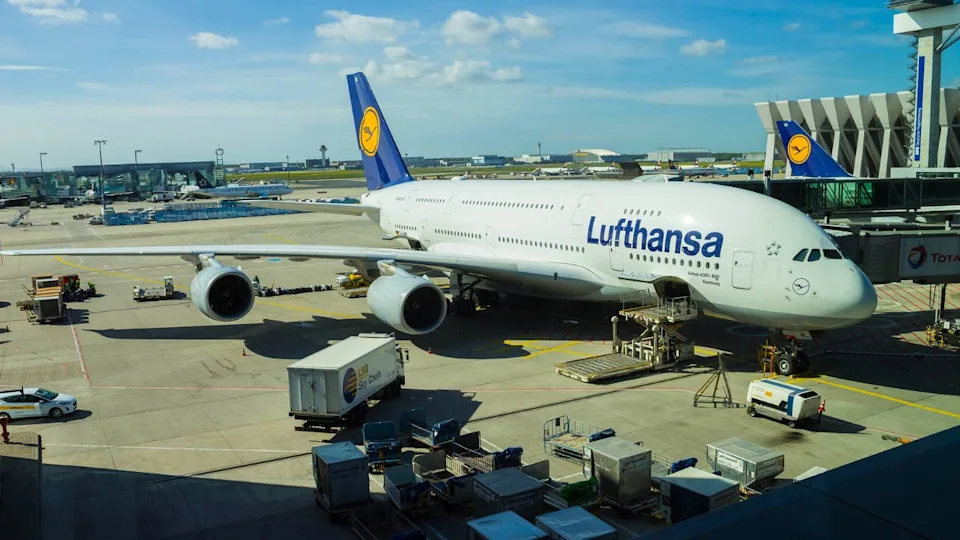 Frankfurt, Germany - April 28, 2018: Aircraft line Lufthansa Airbus A380 ready for departure. A380 is the flagship of Lufthansas aircraft fleet.
