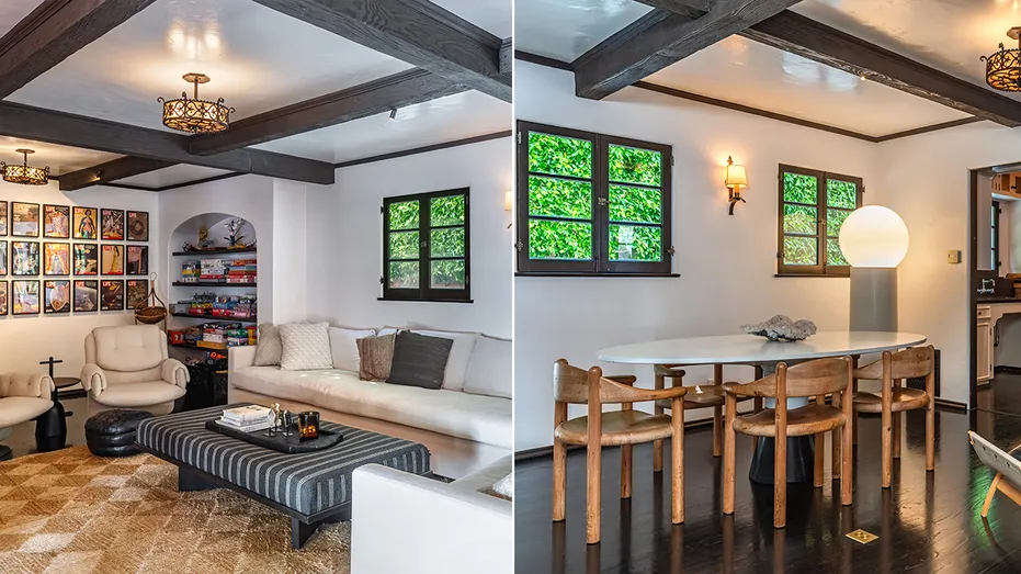 The den features various copies of Life Magazine on the walls as well as a casual dining area.