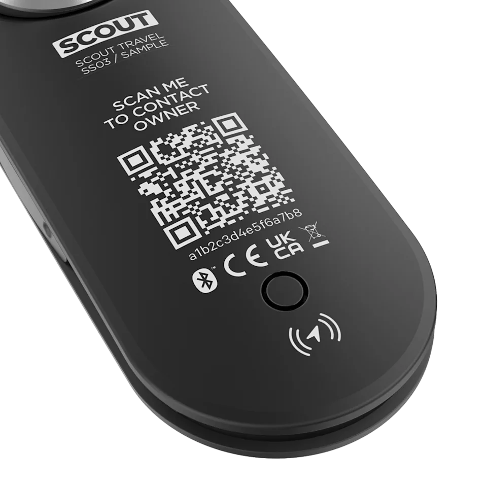A black luggage tracker with a QR code