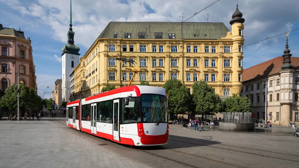 Brno, Czechia. View of namesti Svobody (square of Freedom) with white-red modern tram