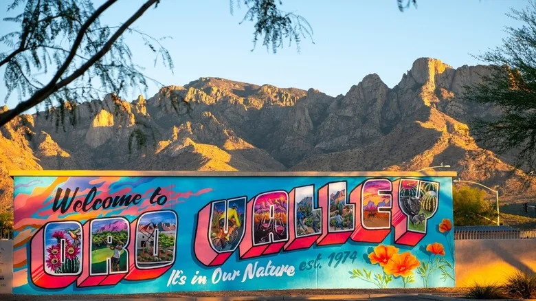 Mural at Oro Valley Marketplace with mountain backdrop