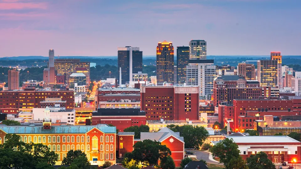 Birmingham, Alabama, USA downtown city skyline at dusk.