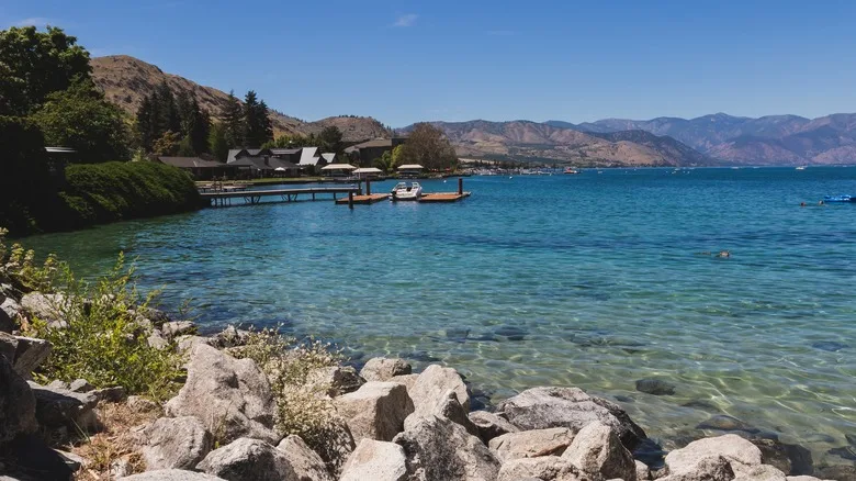 Rocky shoreline along Lake Chelan in Washington