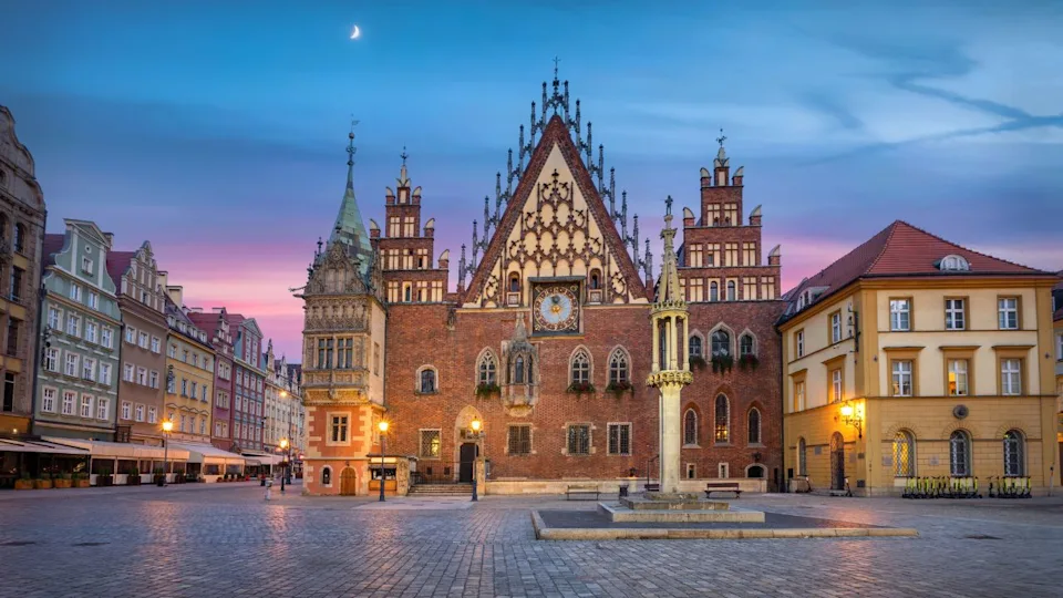 Wroclaw, Poland. View of historic gothic Town Hall at dusk (HDR-image)