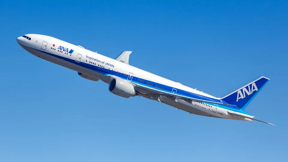 New York City, New York - March 1, 2020: ANA All Nippon Airlines Boeing 777-300ER airplane New York JFK airport in the United States.