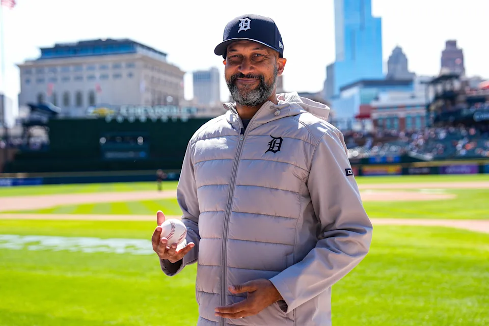 Keegan-Michael Key smiles for a photo ahead of ceremonial first pitch during Detroit Tigers home opening day against Chicago White Sox at Comerica Park in Detroit on Friday, April 4, 2025.