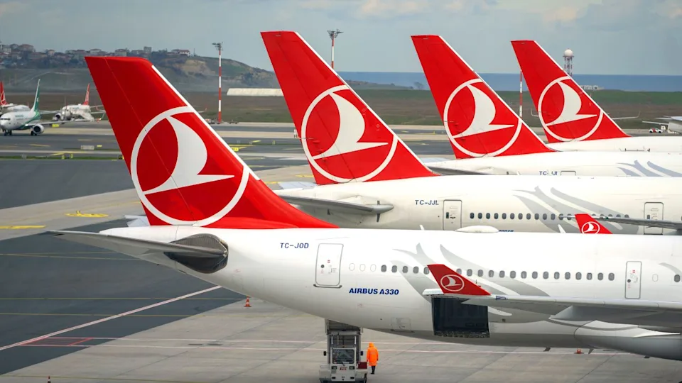 ISTANBUL - JAN 23: Row of planes with Turkish airlines logotype on surface at Havalimani Istanbul Airport on January 23.2024 in Turkey