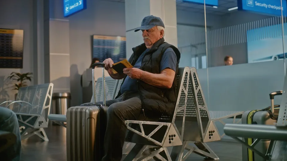 Diverse People at Crowded International Airport Terminal: Senior Man with Suitcase, Documents and Boarding Pass Sitting in Departure Lounge of Airline Hub After Passport Control, Waiting for Flight.