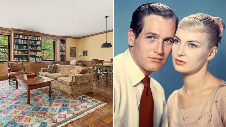 A split of the inside of a house and a portrait of Paul Newman and Joanne Woodward from the 1958 movie "The Long Hot Summer."