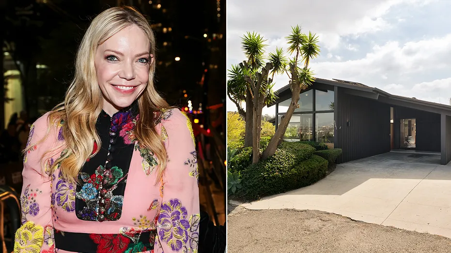 A split of Riki Lindhome in a pink dress and the outside of her home.