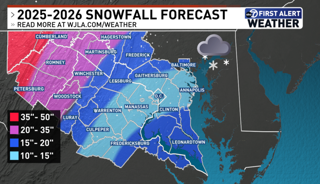 map of the D.C. area with snowfall projections for winter by locality