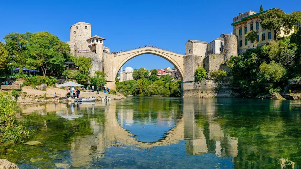 Panorama of Mostar Bridge, an Ottoman bridge in Mostar, Bosnia and Herzegovina