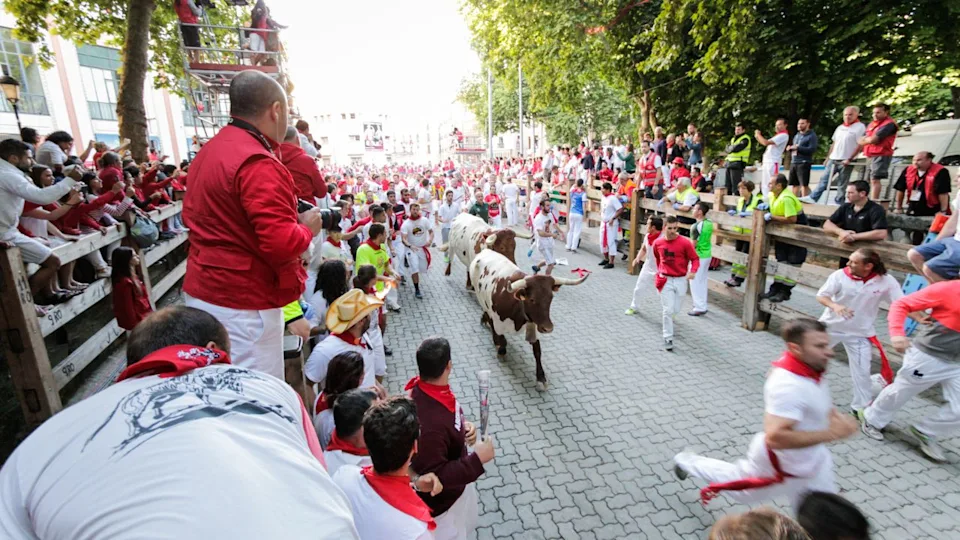 PAMPLONA, SPAIN - JULY 13: People run from bulls on street during San Fermin festival in Pamplona, Spain on July 13, 2015