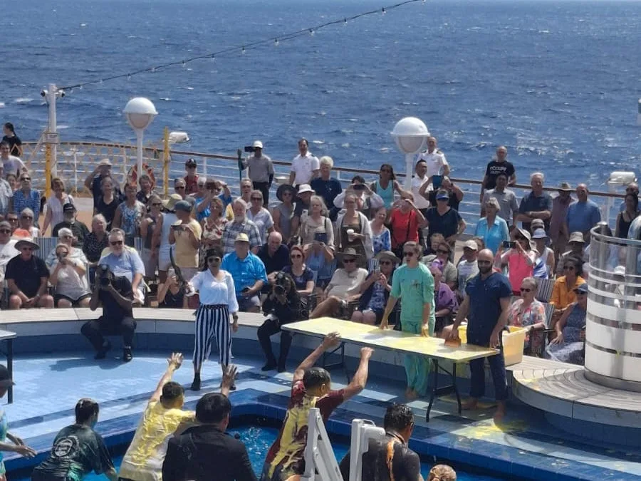 Crossing the Line ceremony for first-time equator crossers on Nomad Cruise.