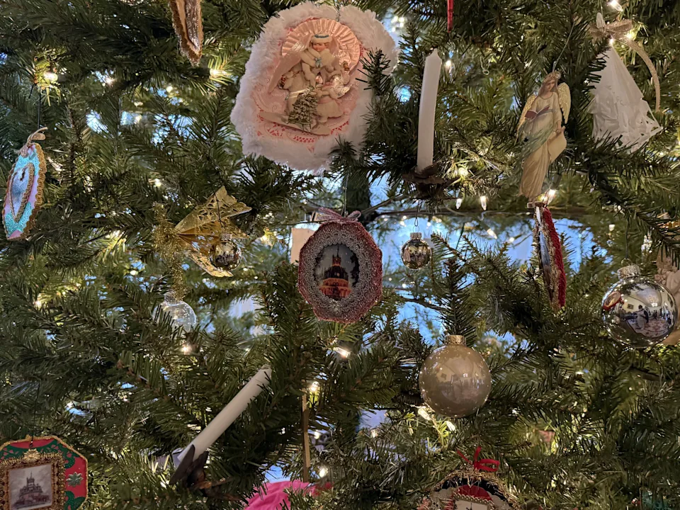 A Christmas tree with ornaments