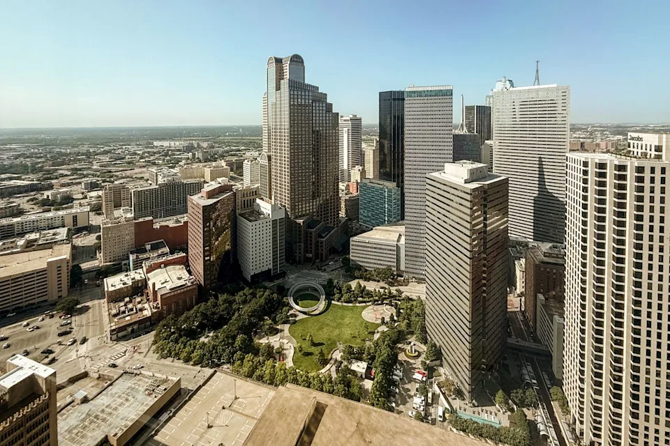 Nidia Coy/Travel + Leisure Aerial view of downtown Dallas, Texas.