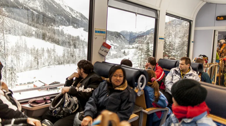 Tourists taking the train in Switzerland