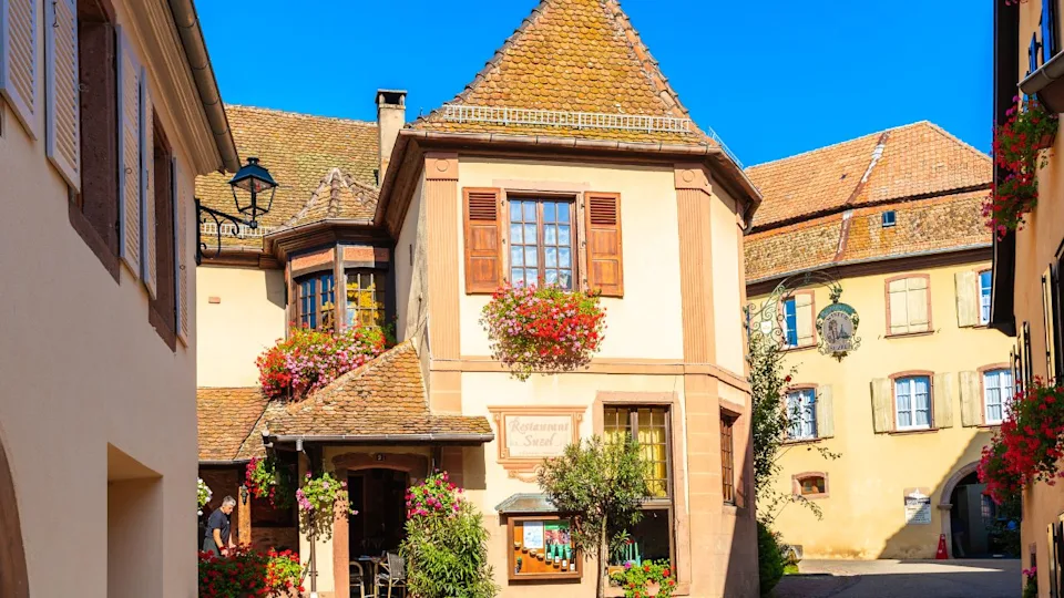 HUNAWIHR, FRANCE - SEP 18, 2019: Beautiful historic houses in old part of Hunawihr village which is located on famous wine route in Alsace region of France.