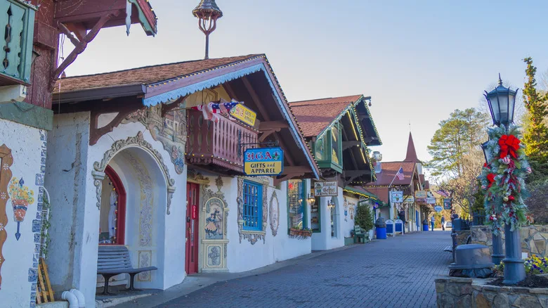 A cluster of German-style shops with Christmas lights in Helen, Georgia