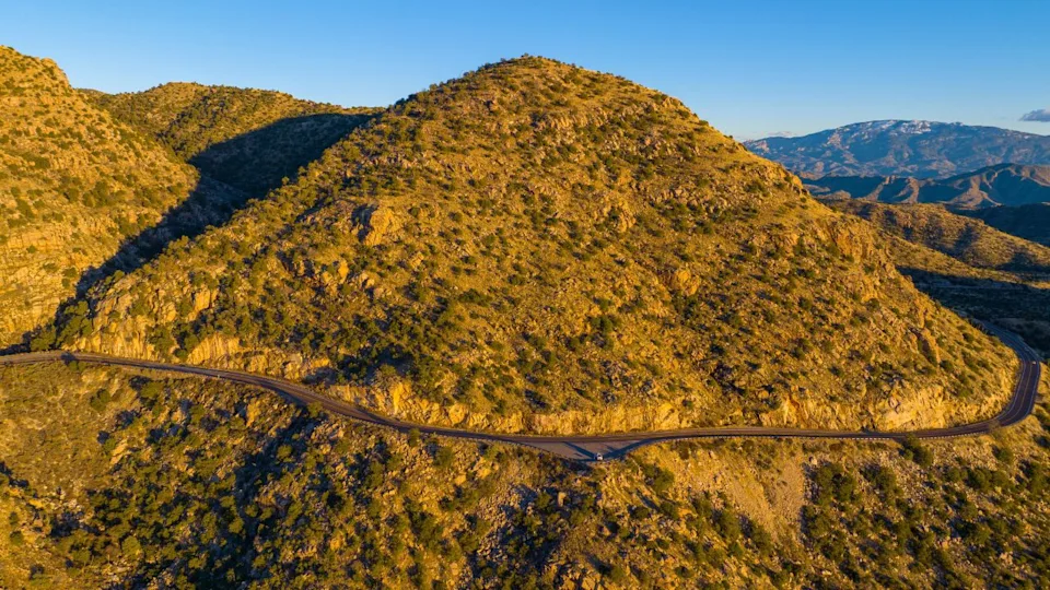 Mount Lemmon aerial view at sunset from Thimble Peak Vista in Pima County near Tucson, Arizona AZ, USA.