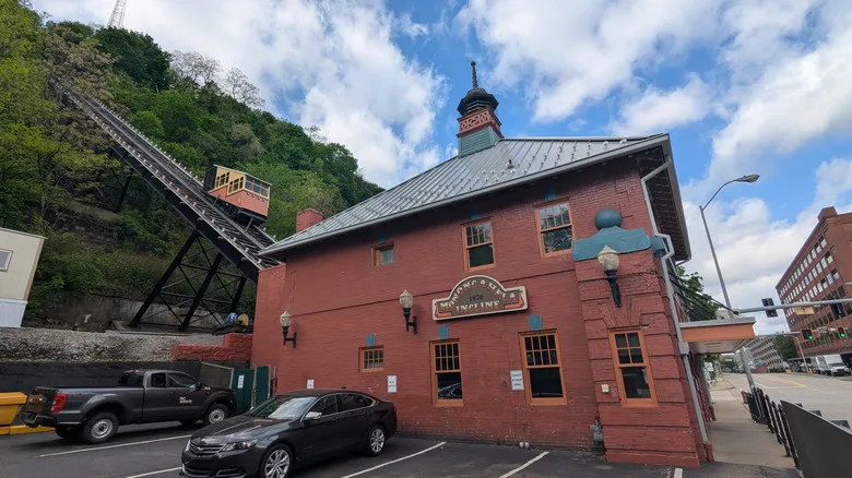The Monongahela Incline in Pittsburgh, Pennsylvania is viewed from the parking lot below