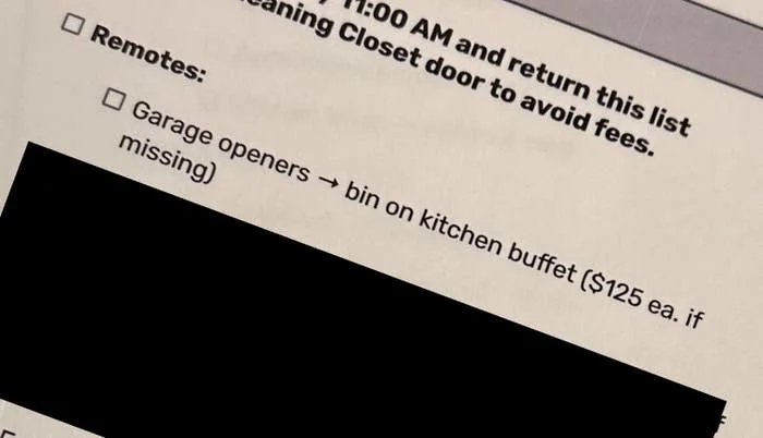 Checklist includes returning garage door openers and all main-room remotes to specific locations to avoid fees