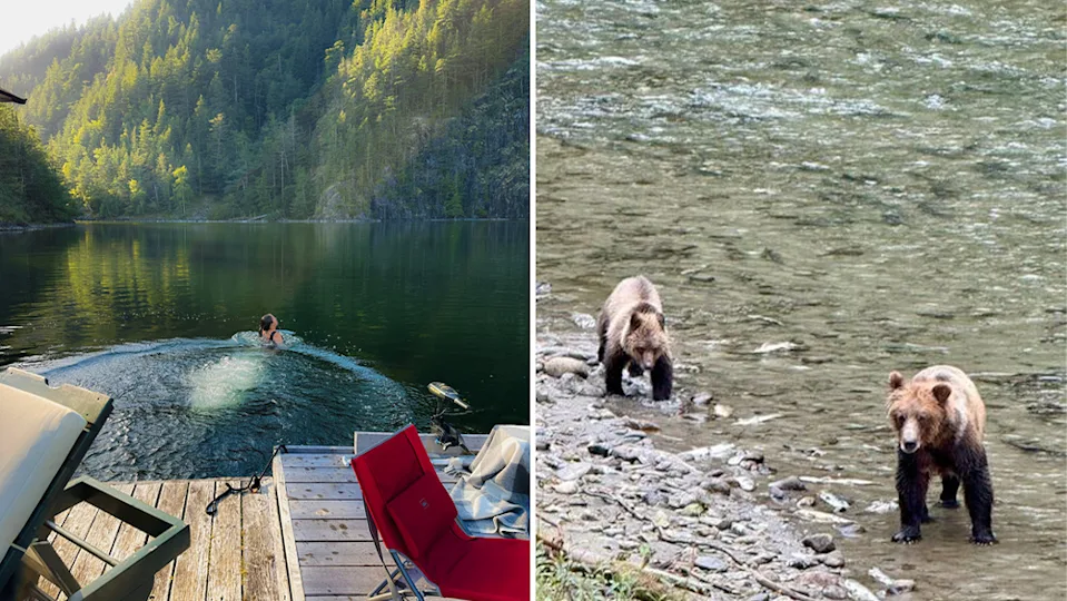 a September dip in Fawn Bluff's private lake; mama bear and cub scout for dinner.