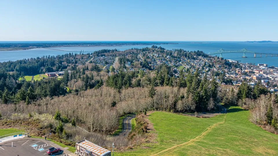 A veiw from above of Astoria, Oregon and two brdiges.