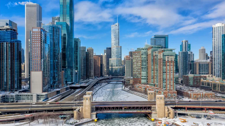Chicago skyline in winter with frozen river
