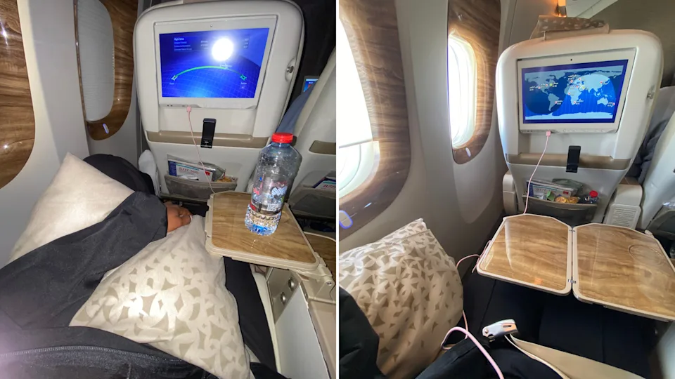 Collage showing my legs stretched out with pillows and the wooden tray tables open in Emirates Premium Economy while the inflight map plays on the screen.