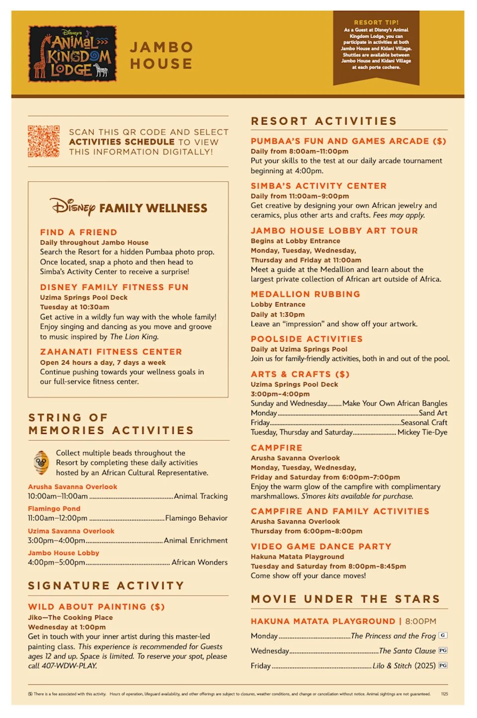 Animal Kingdom Lodge activities schedule