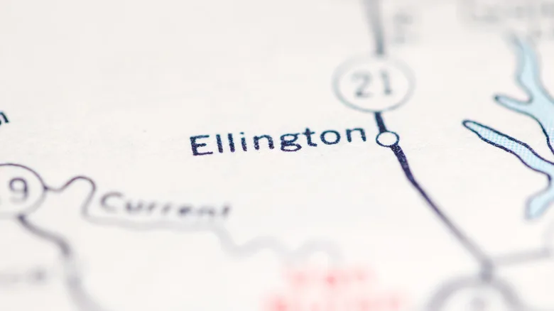 The city of Ellington, Missouri on a map