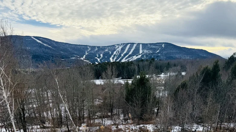 A view of the snow-covered ski slopes at the Windham Mountain Club in the Catskill Mountains of New York