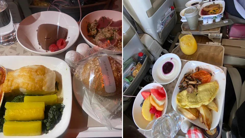 Collage showing my Emirates Premium Economy meals, including fish with vegetables, dessert, special dietary bread, and a full breakfast with omelet, fruit, and yogurt.