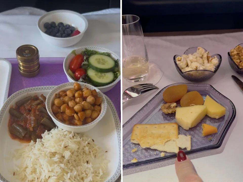 Split Image: One of the author's meals and a collection of snacks, including popcorn, cheese, and crackers.