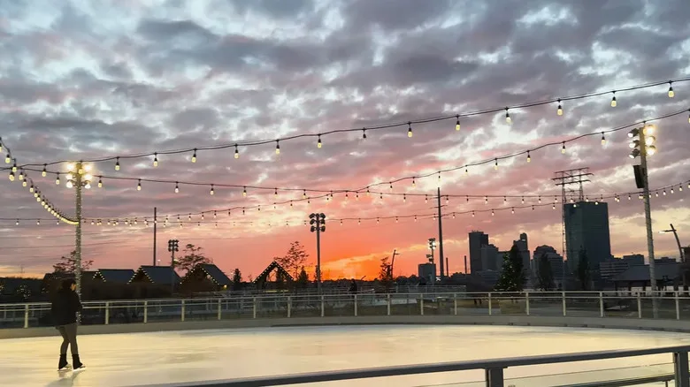 Ice skating at Glass City Metropark in Toledo at sunset