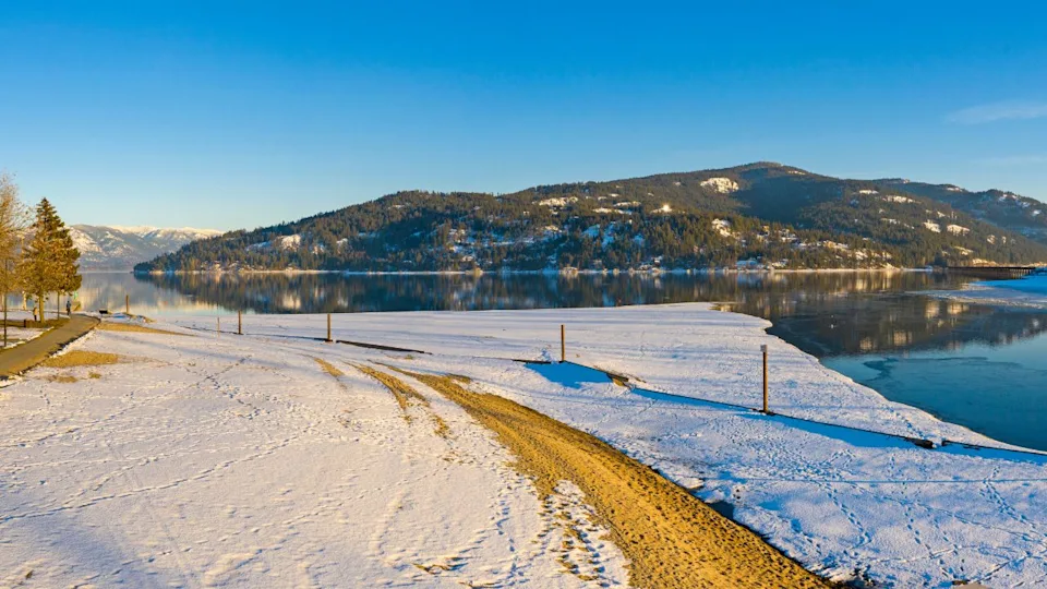 Sandpoint Park Idaho Sunset Snowy Winter Scene Lake Pend Oreille